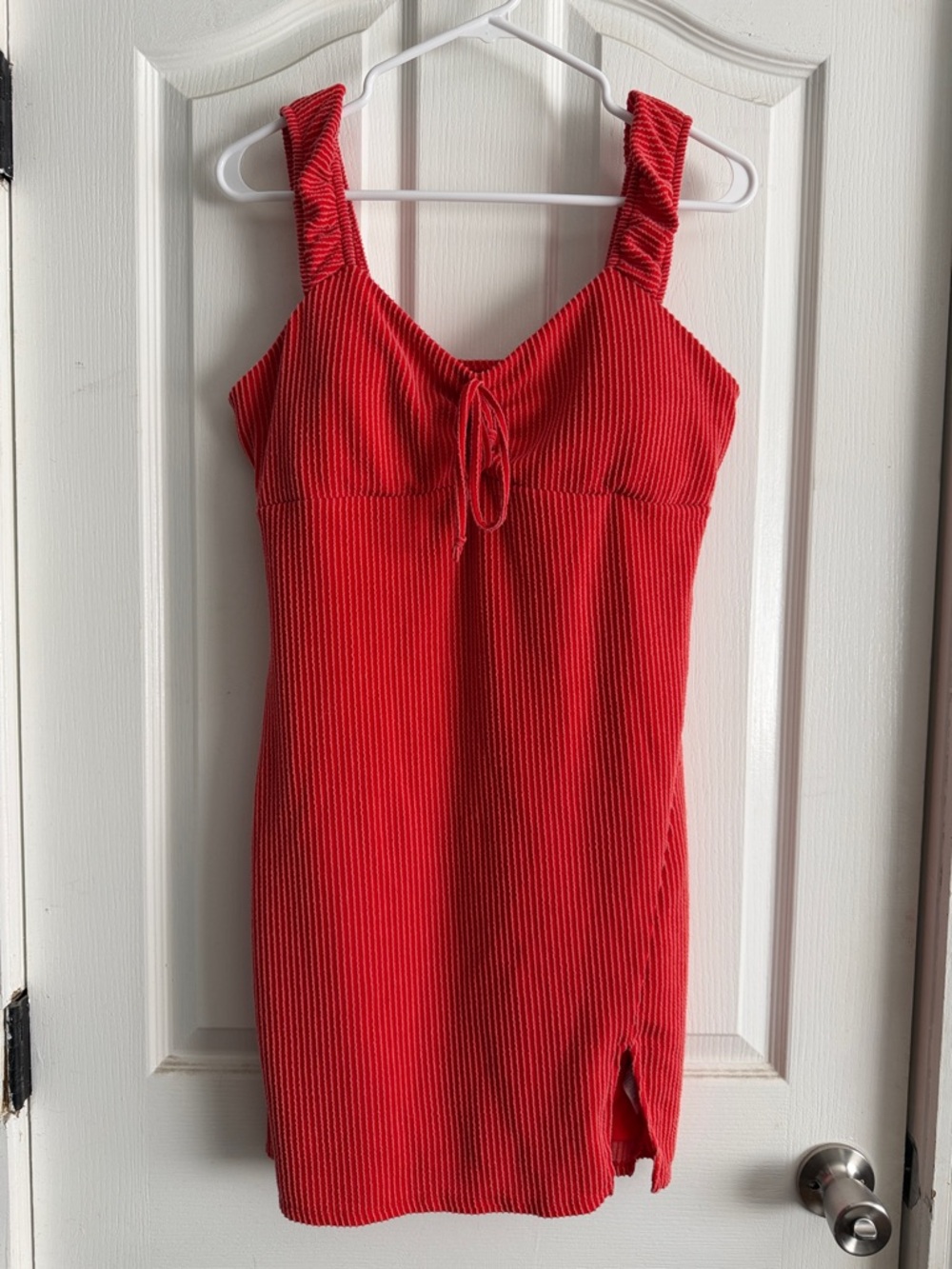 No Boundaries Red Ribbed Mini Dress with Front Tie